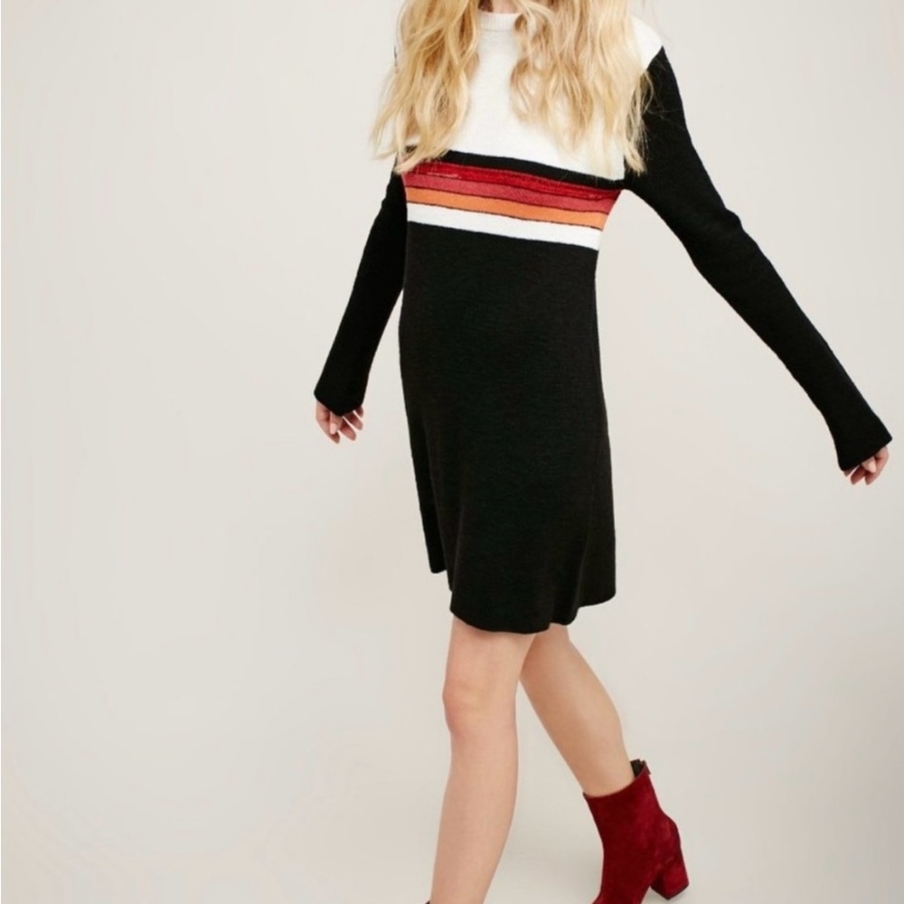 Size M Free People sweater dress, black and cream with orange and red stripes
